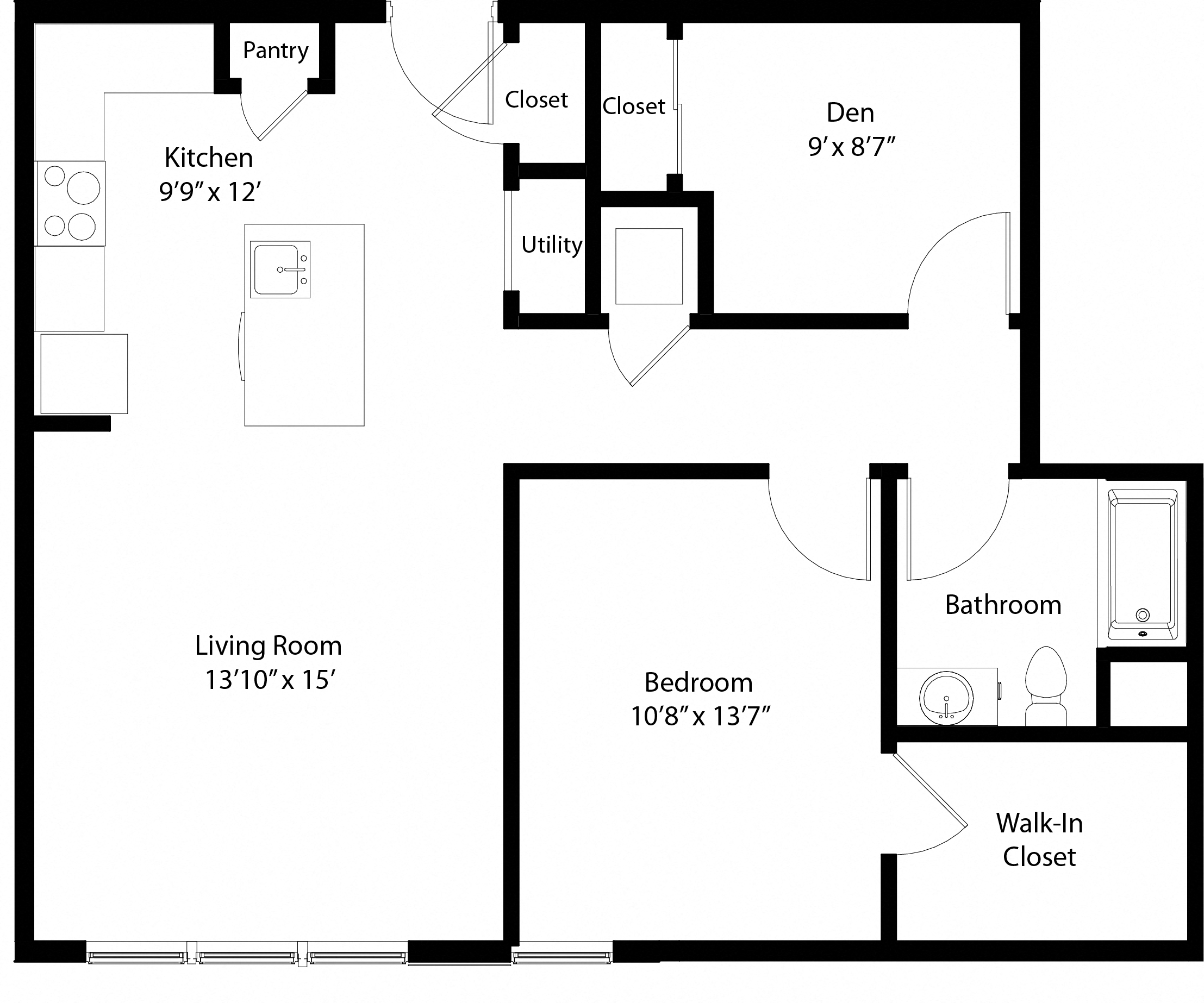 Floor plan for 1 bed, 1 bath, 802 sqft